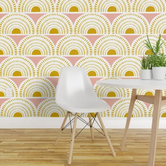 Pre-Pasted Wallpaper 2FT Wide Geometric Blush Gold Scallops Semicircles Art Deco Inspired Mustard Mod Custom Pre-pasted Wallpaper by Spoonflower {1}