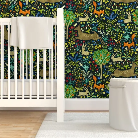 Pre-Pasted Wallpaper 2FT Wide Medieval Animals Vintage Look Woodland Deer Fox Forest Wildflowers Custom Pre-pasted Wallpaper by Spoonflower {7}