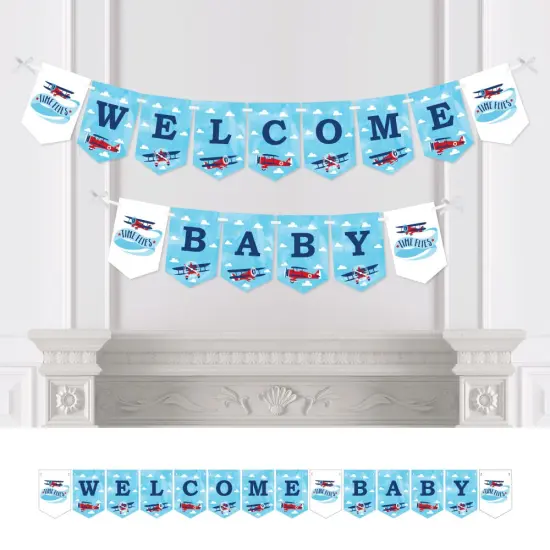 Big Dot of Happiness Taking Flight - Airplane - Vintage Plane Baby Shower Bunting Banner - Party Decorations - Welcome Baby {1}