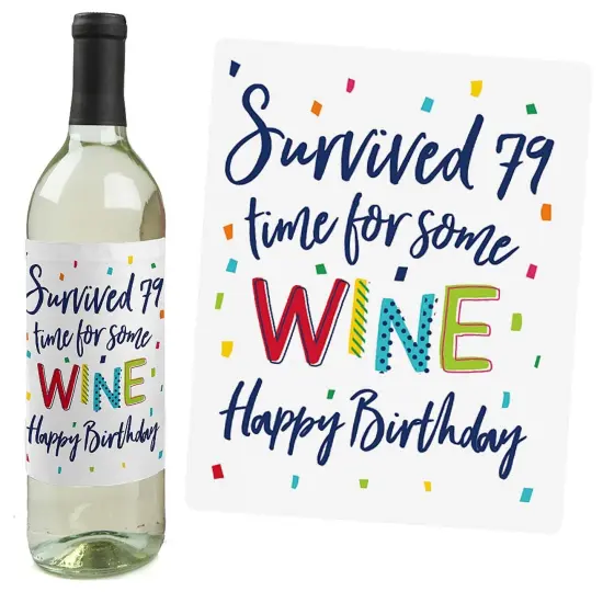 Big Dot of Happiness 80th Birthday - Cheerful Happy Birthday - Colorful Eightieth Birthday Party Decor - Wine Bottle Label Stickers - Set of 4 {6}