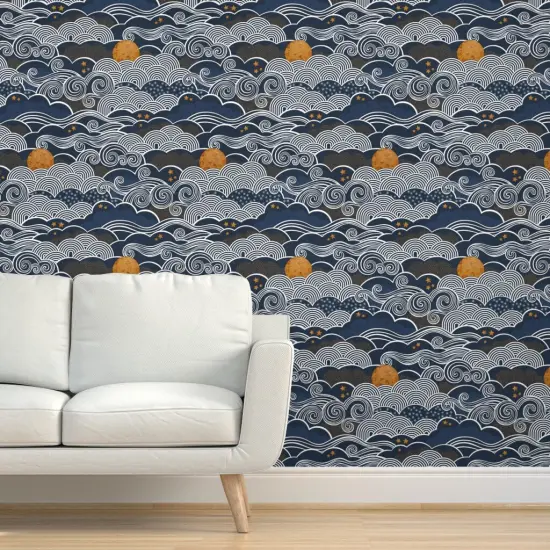 Pre-Pasted Wallpaper 2FT Wide Night Sky Clouds Gold Stars Sky Blue Mustard Dark Navy Custom Pre-pasted Wallpaper by Spoonflower {5}