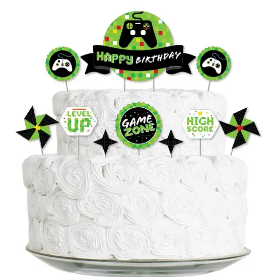 Big Dot of Happiness Game Zone - Pixel Video Game Birthday Party Cake Decorating Kit - Happy Birthday Cake Topper Set - 11 Pieces {1}