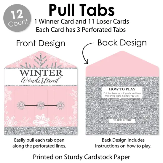 Big Dot of Happiness Pink Winter Wonderland - Holiday Snowflake Birthday Party and Baby Shower Game Pickle Cards - Pull Tabs 3-in-a-Row - Set of 12 {6}