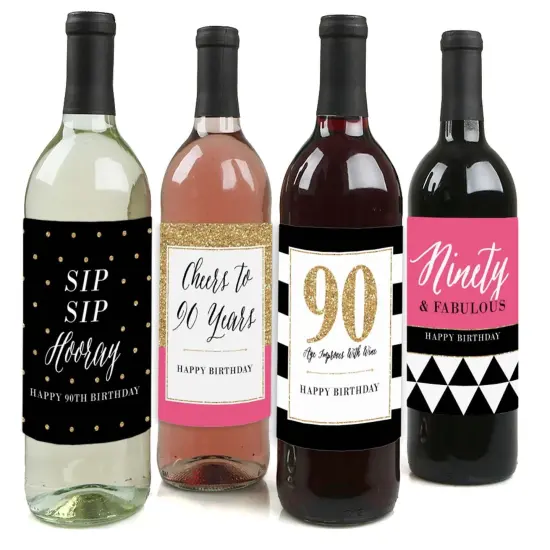 Big Dot of Happiness Chic 90th Birthday - Pink, Black and Gold - Birthday Gift For Women - Wine Bottle Label Stickers - Set of 4 {1}