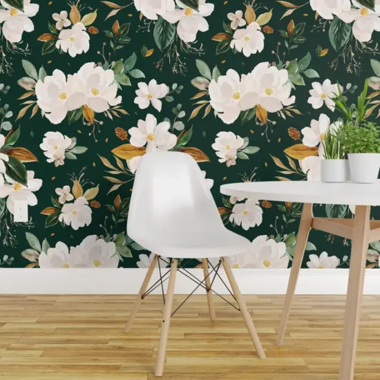 Pre-Pasted Wallpaper 2FT Wide Gold Floral Monstera Green Background Flower White Custom Pre-pasted Wallpaper by Spoonflower {1}