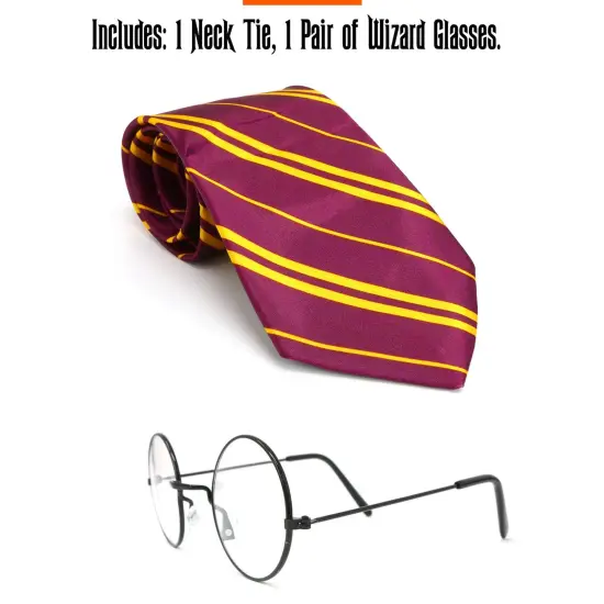 Wizard Glasses and Tie - Maroon and Gold Dress Up Tie and Black Round Glasses Set - 1 Pair {3}