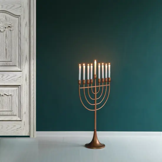 Modern Solid Metal Judaica Hanukkah Menorah 9 Branched Candelabra Brown {2}