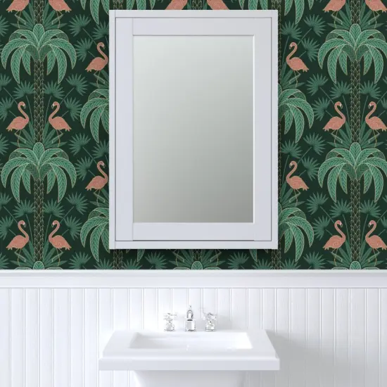 Peel & Stick Wallpaper 2FT Wide Tropical Art Deco Flamingo Tropical Moody Flora Miami Plants Damask 1920S Elegant Maximalism Custom Removable Wallpaper by Spoonflower {6}
