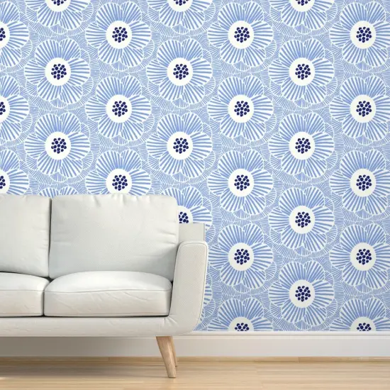 Pre-Pasted Wallpaper 2FT Wide Blue Camellia Floral Modern Abstract Hand-Drawn Large Scale Custom Pre-pasted Wallpaper by Spoonflower {5}