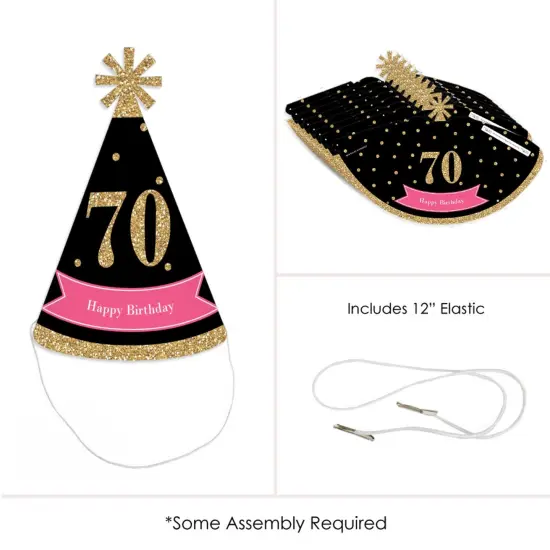 Big Dot of Happiness Chic 70th Birthday - Pink, Black and Gold - Cone Happy Birthday Party Hats for Adults - Set of 8 (Standard Size) {6}
