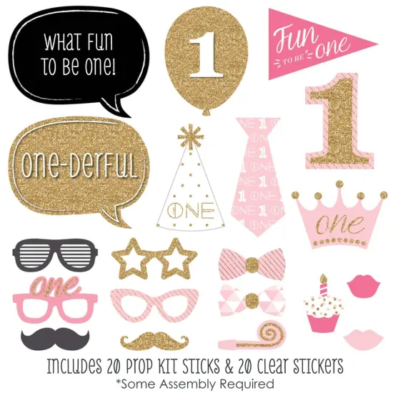 Big Dot of Happiness 1st Birthday Girl - Fun to be One - First Birthday Party Photo Booth Props Kit - 20 Count {3}