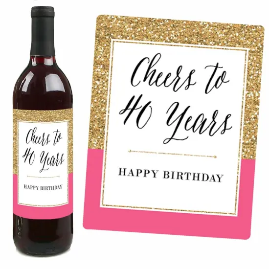 Big Dot of Happiness Chic 40th Birthday - Pink, Black and Gold - Birthday Gift For Women - Wine Bottle Label Stickers - Set of 4 {4}