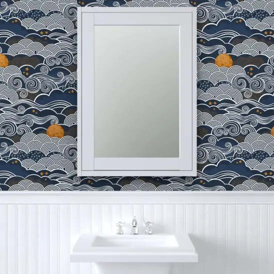 Pre-Pasted Wallpaper 2FT Wide Night Sky Clouds Gold Stars Sky Blue Mustard Dark Navy Custom Pre-pasted Wallpaper by Spoonflower {6}