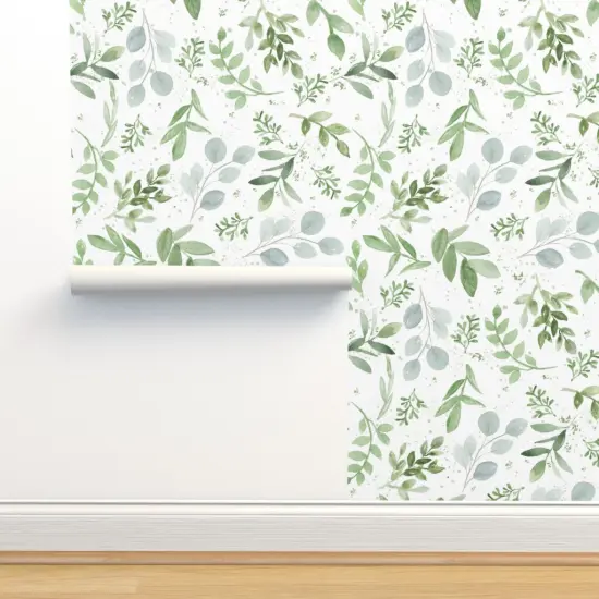 Pre-Pasted Wallpaper 2FT Wide Leaves Watercolor Botanical Greenery Soft Eucalyptus Larger Repeat Custom Pre-pasted Wallpaper by Spoonflower {2}