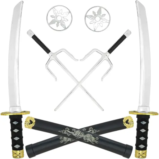Ninja Weapons Toy Set - Fighting Warrior Weapon Costume Set with Katana Swords, Sai Daggers, and Shuriken Stars - 6 Pieces {1}