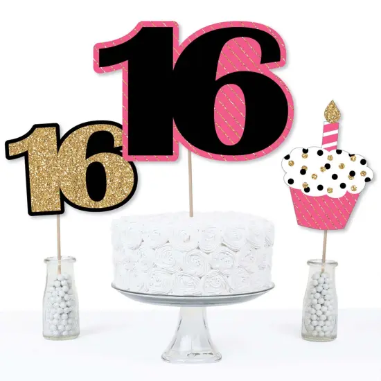 Big Dot of Happiness Chic 16th Birthday - Pink, Black and Gold - Birthday Party Centerpiece Sticks - Table Toppers - Set of 15 {4}