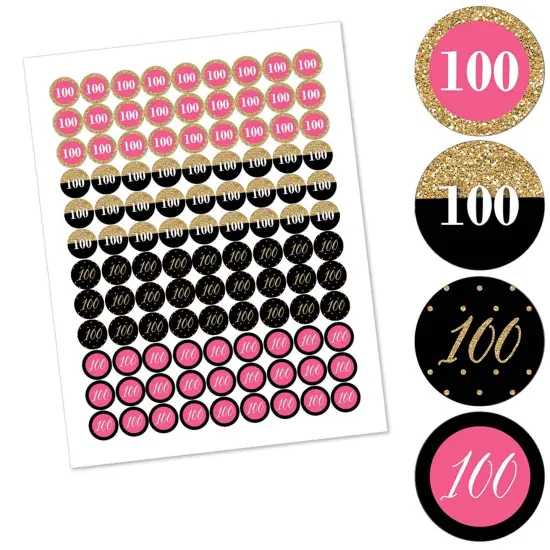 Big Dot of Happiness Chic 100th Birthday - Pink, Black and Gold - Round Candy Sticker Favors - Labels Fits Chocolate Candy (1 sheet of 108) {3}
