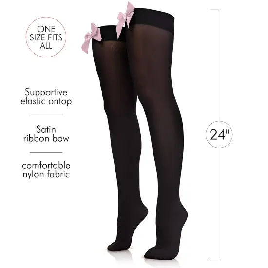 Bow Accent Thigh Highs - Black Over the Knee High Stockings with Pink Satin Ribbon Bow Accent for Women and Girls {3}