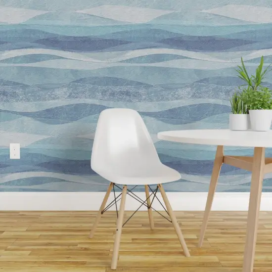 Pre-Pasted Wallpaper 2FT Wide abstract ocean wave,coastal nautical,modern farmhouse,shades of blue Custom Pre-pasted Wallpaper by Spoonflower {1}
