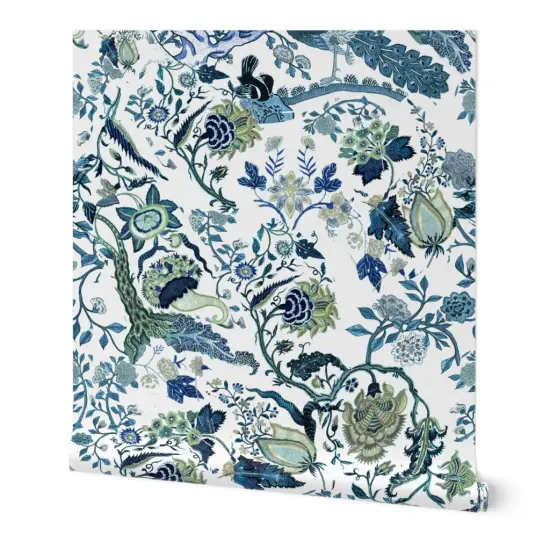 Peel & Stick Wallpaper 2FT Wide Green Blue Chinoiserie Floral Chinese Inspired Classic Custom Removable Wallpaper by Spoonflower {7}