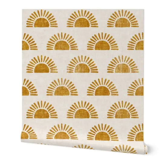 Peel & Stick Wallpaper 2FT Wide Boho Block Print Sun Sunshine In Golden Orange Custom Removable Wallpaper by Spoonflower {7}