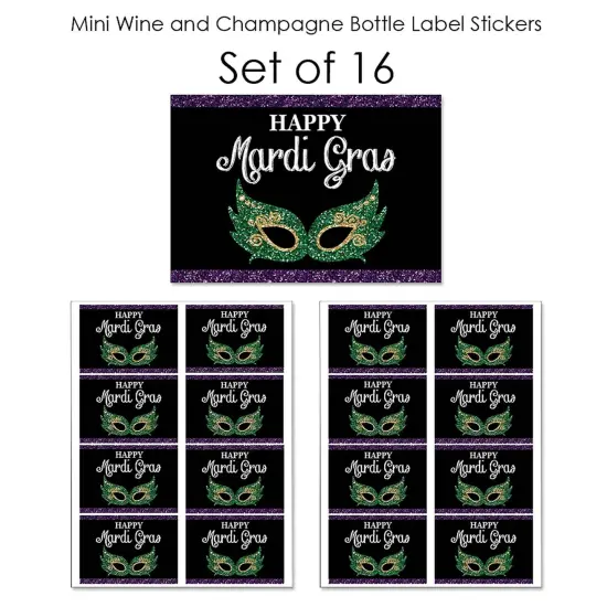 Big Dot of Happiness Mardi Gras - Mini Wine and Champagne Bottle Label Stickers - Masquerade Party Favor Gift for Women and Men - Set of 16 {7}