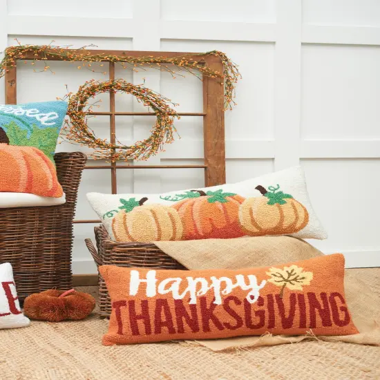 "Happy Thanksgiving" Leaf Hooked Long Accent Pillow 12" x 24" {6}