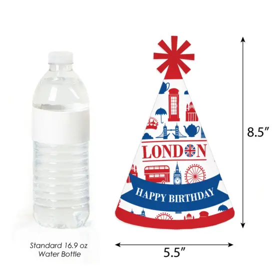 Big Dot of Happiness Cheerio, London - Cone Happy Birthday Party Hats for Kids and Adults - Set of 8 (Standard Size) {4}