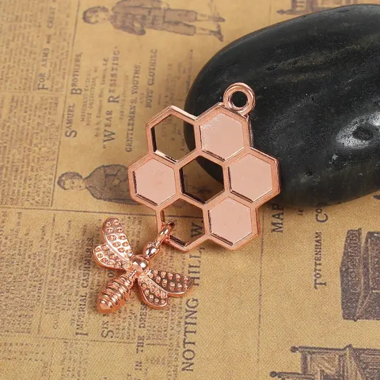 *5* 46x24mm Rose Gold Bee Honeycomb Charms {4}