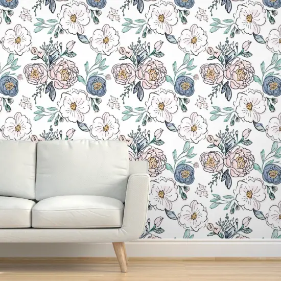 Peel & Stick Wallpaper 2FT Wide Bloom Periwinkle Rose Blush Custom Removable Wallpaper by Spoonflower {5}