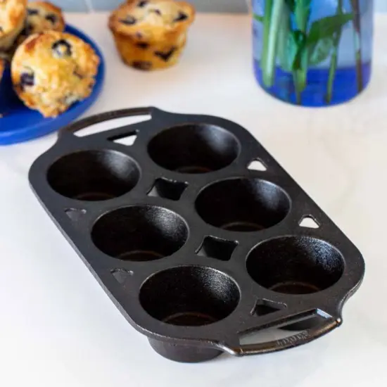 Lodge Cast Iron Muffin Pan, Pre-seasoned and Dual Handles, Made in USA, 6 Cups {3}