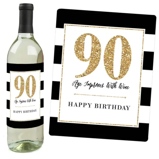 Big Dot of Happiness Chic 90th Birthday - Pink, Black and Gold - Birthday Gift For Women - Wine Bottle Label Stickers - Set of 4 {6}
