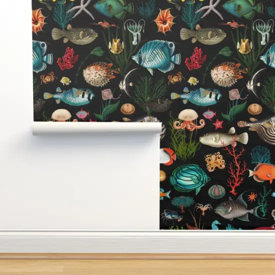 Pre-Pasted Wallpaper 2FT Wide Black Nautical Sea Life Vintage Style Ocean Fish Coastal Tropical Custom Pre-pasted Wallpaper by Spoonflower {2}