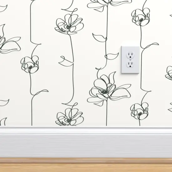 Pre-Pasted Wallpaper 2FT Wide Line Floral Black White Stripe Flowers Vines Modern Abstract Custom Pre-pasted Wallpaper by Spoonflower {4}