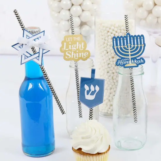 Big Dot of Happiness Happy Hanukkah Paper Straw Decor - Hanukkah Party Striped Decorative Straws - Set of 24 {7}