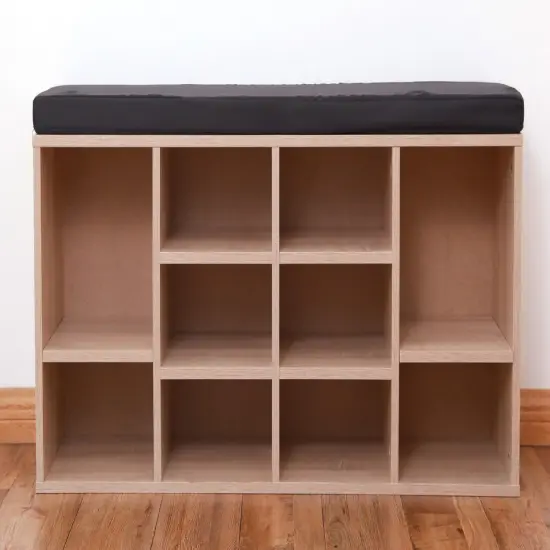 Natural Wooden Shoe Cubicle Storage Entryway Bench with Soft Cushion for Seating {3}