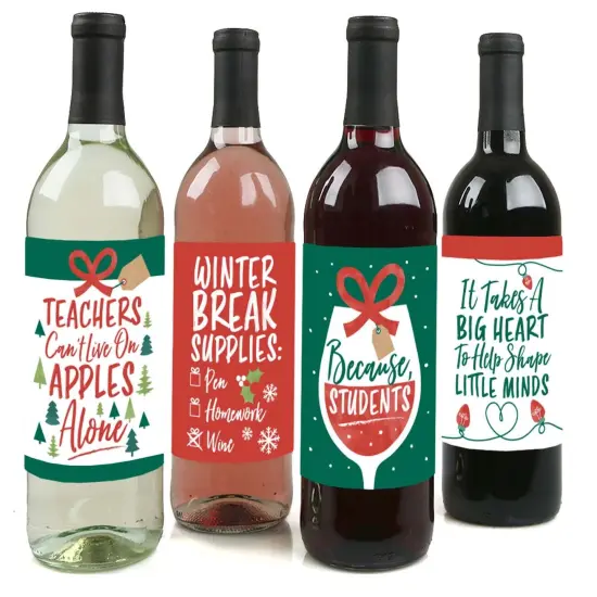 Big Dot of Happiness Teacher Holiday Presents - Teacher Appreciation Christmas Gifts Decor for Women and Men - Wine Bottle Label Stickers - Set of 4 {1}