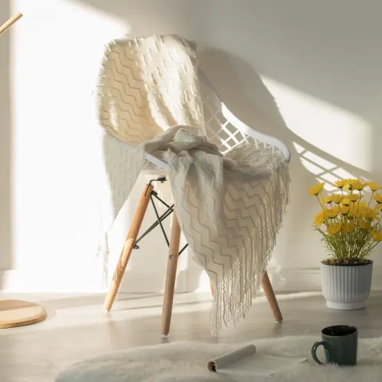 Decorative Throw Blanket - 50x60in Soft Knit with Delightful Fringe Edges for a Sophisticated and Cozy Touch to Your Living Space Lightweight, Breathable, Easy Care, Versatile, All-Season, Ideal for Lounging, Gifting White {3}