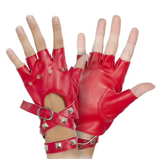 Fingerless Faux Leather Gloves - Red Biker Punk Gloves with Belt Up Closure and Rivet Design for Women and Kids {2}