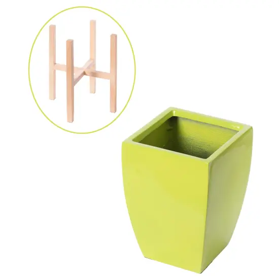 Indoor Decorative Square Planter With Wooden Stand Green {6}