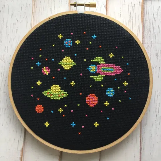Outer Space Aliens Spaceship Counted Cross Stitch DIY KIT Beginner {1}