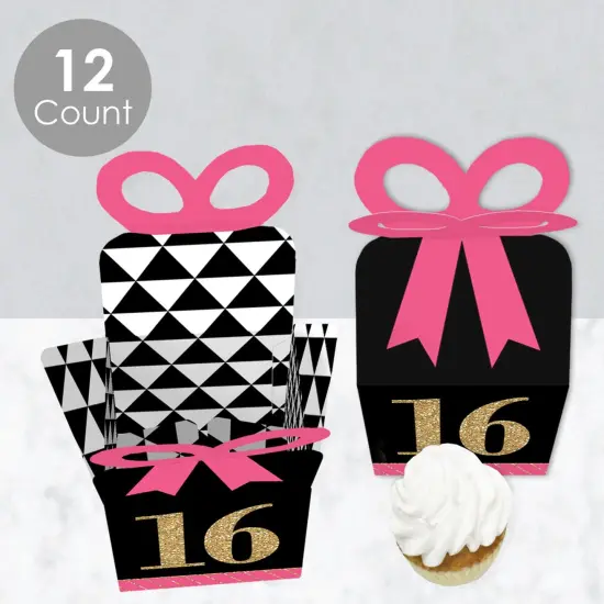 Big Dot of Happiness Chic 16th Birthday - Pink, Black and Gold - Square Favor Gift Boxes - Birthday Party Bow Boxes - Set of 12 {4}