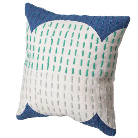 16" Handwoven Cotton Throw Pillow Cover with Ribbed Line Dots and Wave Border Blue with Cushion {1}
