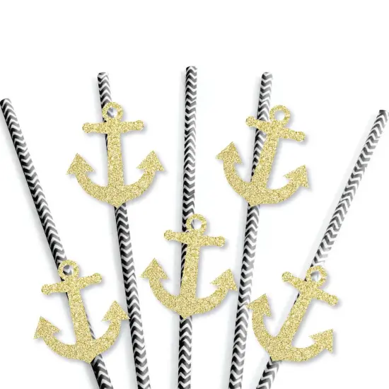 Big Dot of Happiness Gold Glitter Anchor Party Straws - No-Mess Real Gold Glitter Cut-Outs and Decorative Nautical Party Paper Straws - Set of 24 {4}