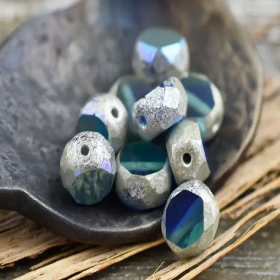 *15* 8mm Antique Silver Washed Sapphire Aqua AB 2 Cut Fire Polished Faceted Round Beads {1}