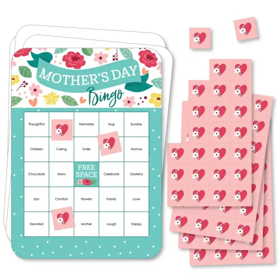 Big Dot of Happiness Colorful Floral Happy Mother's Day - Bingo Cards and Markers - We Love Mom Party Shaped Bingo Game - Set of 18 {1}