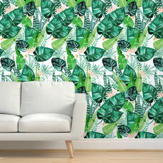Peel & Stick Wallpaper 2FT Wide Jungle Tropical White Leaves Banana Leaf Hawaii Plant Custom Removable Wallpaper by Spoonflower {5}
