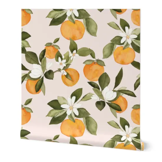 Peel & Stick Wallpaper 2FT Wide Orange Blossom Pink Oranges Blossoms Spring Fruit Summer Citrus Custom Removable Wallpaper by Spoonflower {7}