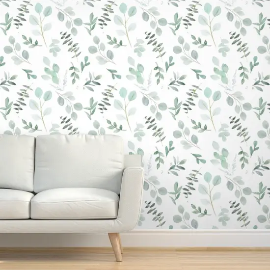 Peel & Stick Wallpaper 2FT Wide Eucalyptus Leaves Foliage Mint Green Watercolor Botanical Blue Watercolour Greenery Aquarelle Cool Tones Seeded Eucalyptus Custom Removable Wallpaper by Spoonflower {5}