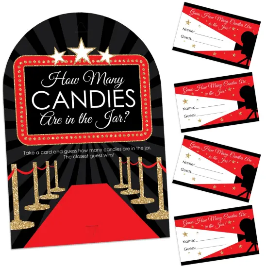 Big Dot of Happiness Red Carpet - How Many Candies Movie Night Party Game - 1 Stand and 40 Cards - Candy Guessing Game {1}
